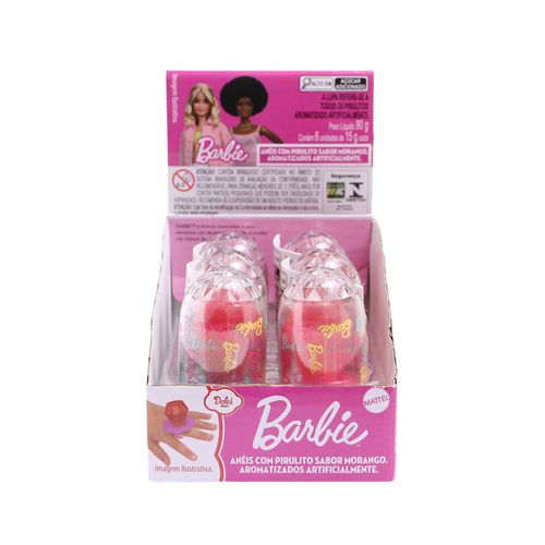 Kit Barbie Display 6 Anéis com Pirulito Sabor Morango - Fun Divirta-se